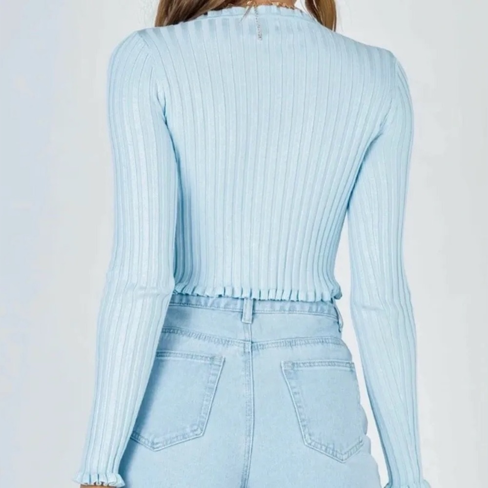 Princess Polly Light Blue Ribbed Ruffle Trim Cardigan - Picture 3 of 9